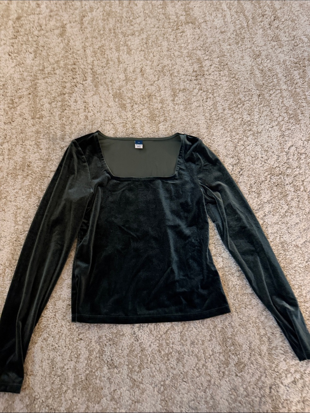 Velvet Square-Neck Long Sleeve Top - Green XS